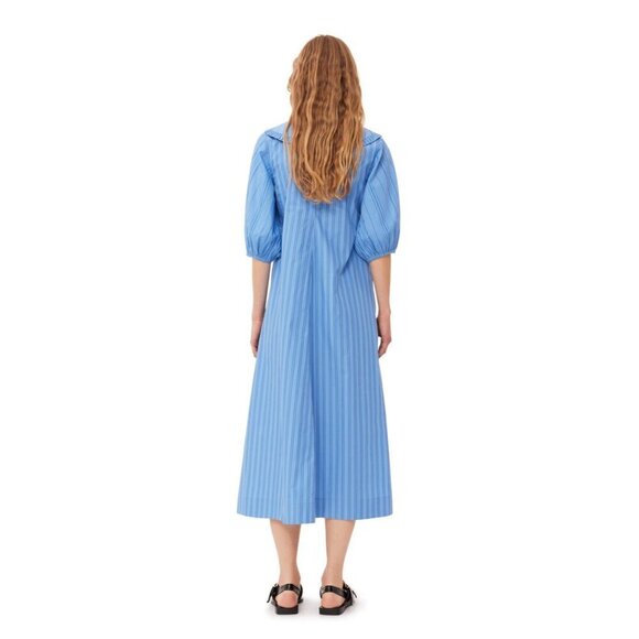 Ganni Re-Cut Striped Cotton V-Neck Midi Dress Blue Puff Sleeve - Picture 3 of 13